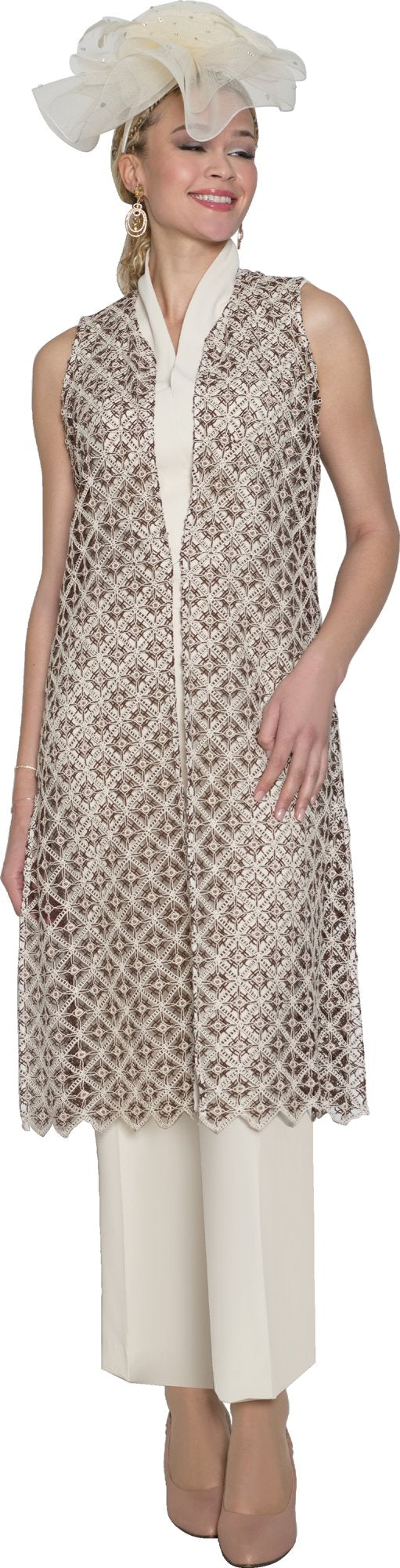 Lily & Taylor 5036 3-Piece French Crepe Pant Suit w/ Lace Vest Duster