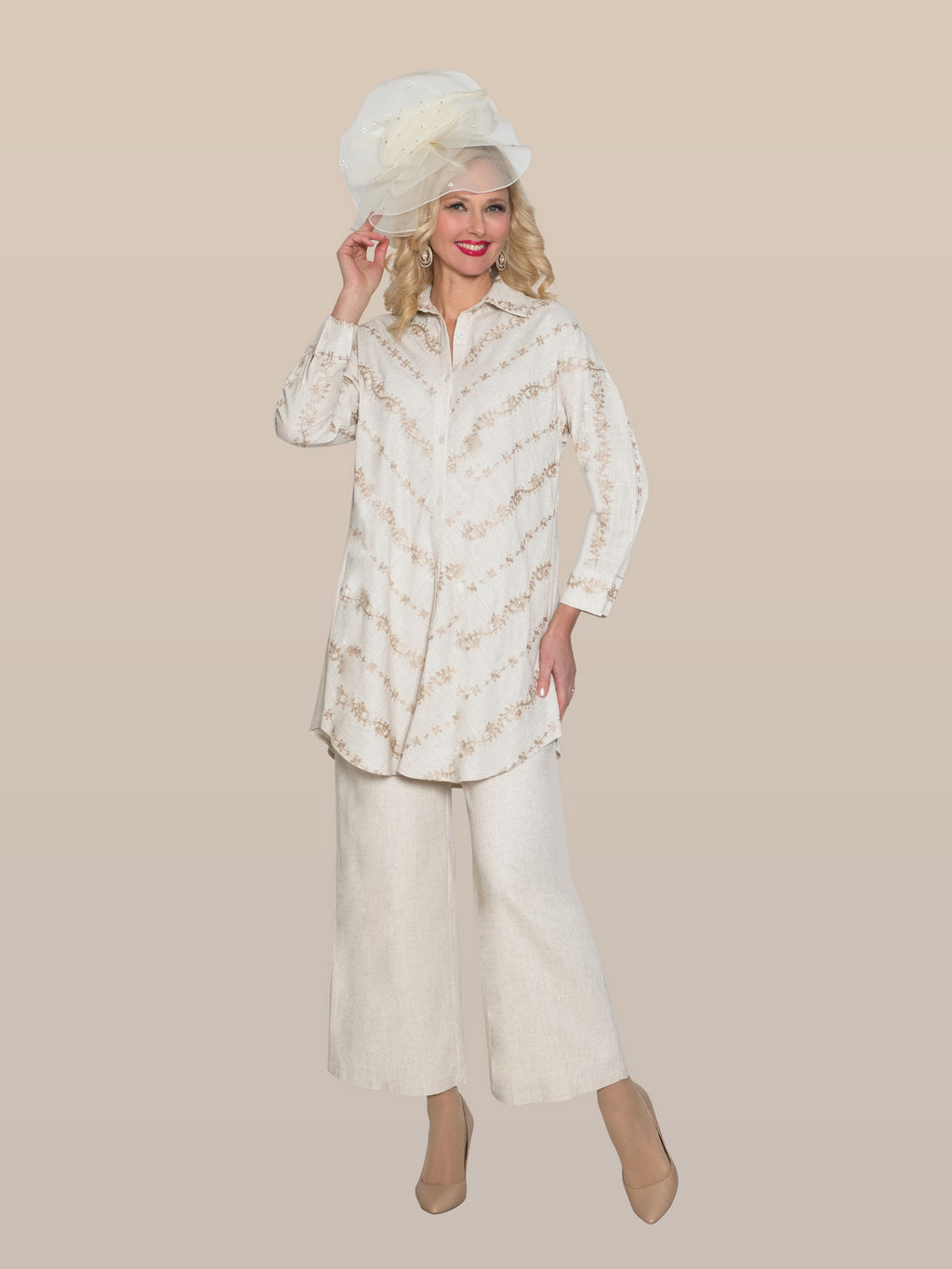 2-Piece Novelty Poly Pant Suit w/ Embroidery Top