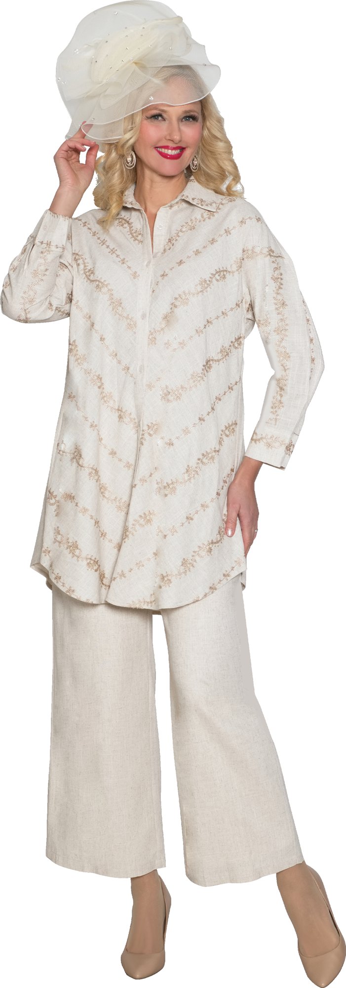 Lily & Taylor 5054 2-Piece Novelty Poly Pant Suit w/ Embroidery Top