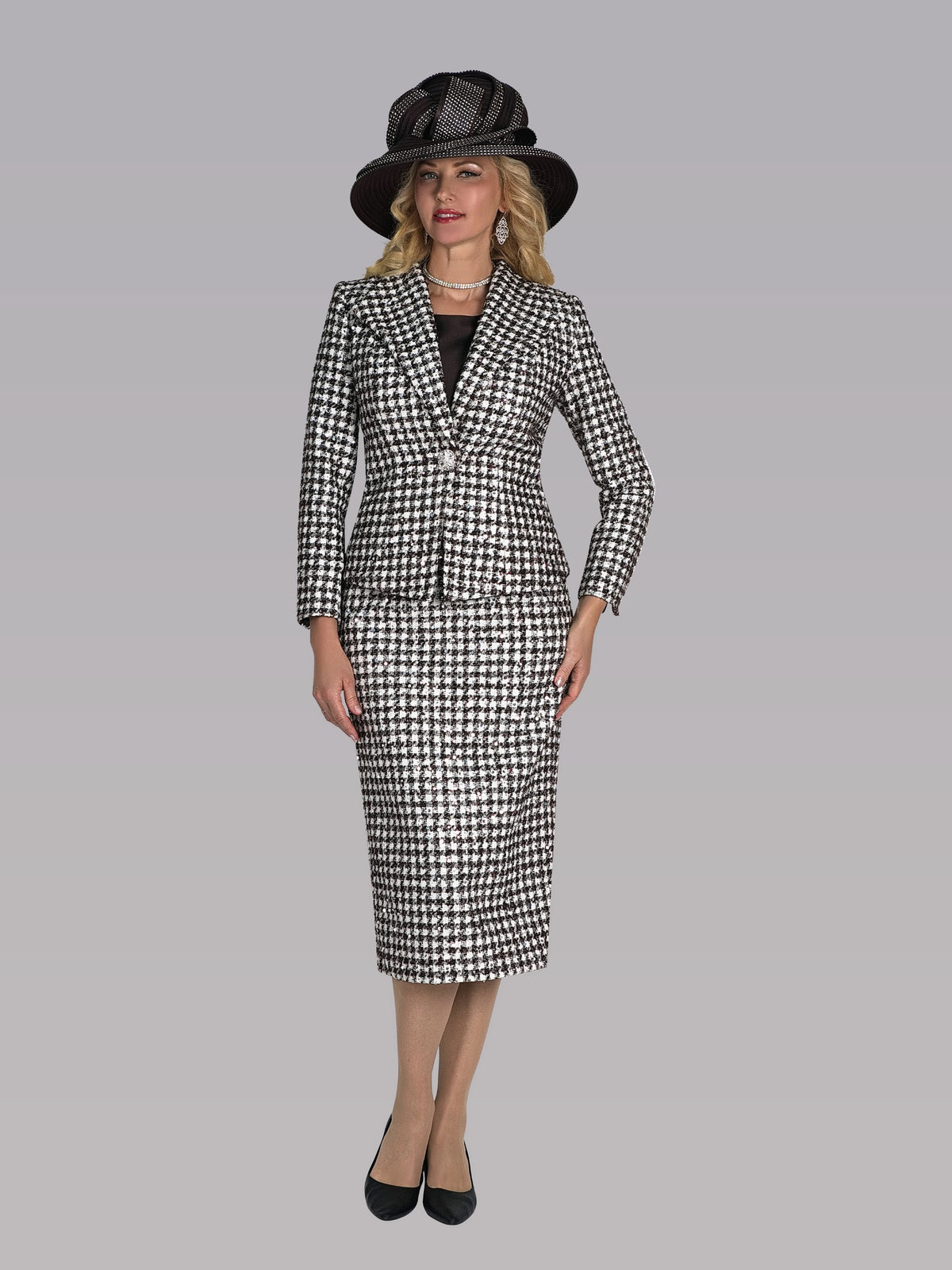 Fine Couture Tweed Skirt Suit w/ Rhinestone Buttons