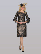 Light Brocade Dress w/ Peplum Sleeve and Rhineston Brooch