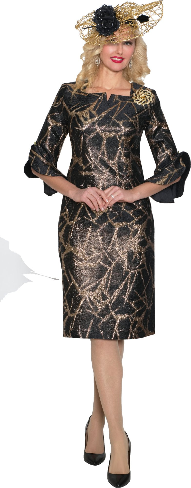 Lily & Taylor 4960 Light Brocade Dress w/ Peplum Sleeve and Rhineston Brooch