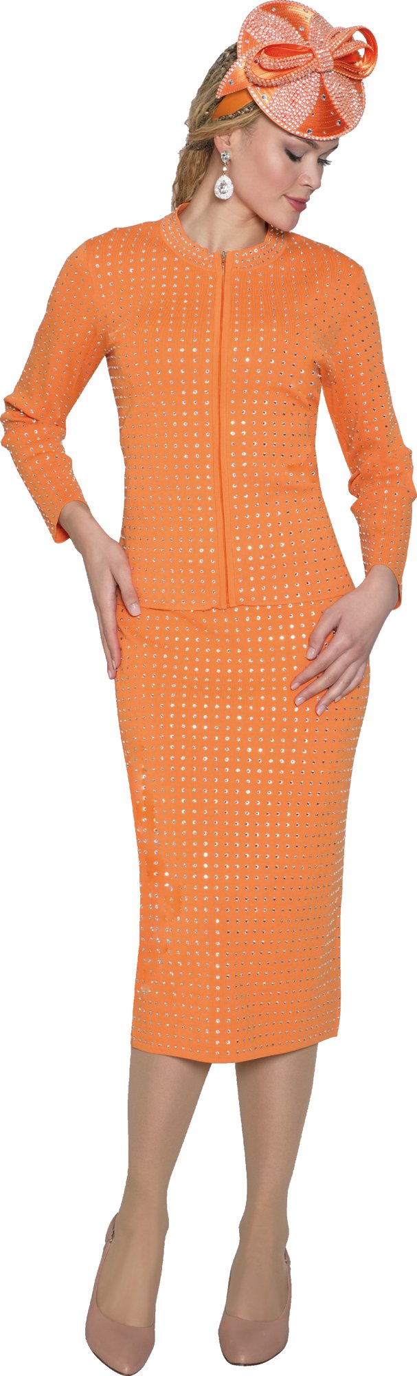 Lily & Taylor 855 2-Piece Fine Knit Skirt Suit w/ Zipper Front Closure w/ Scatterd Rhinestone