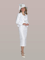 3-Piece Fine Light Jacquard Skirt Suit w/ Rhinestone Button