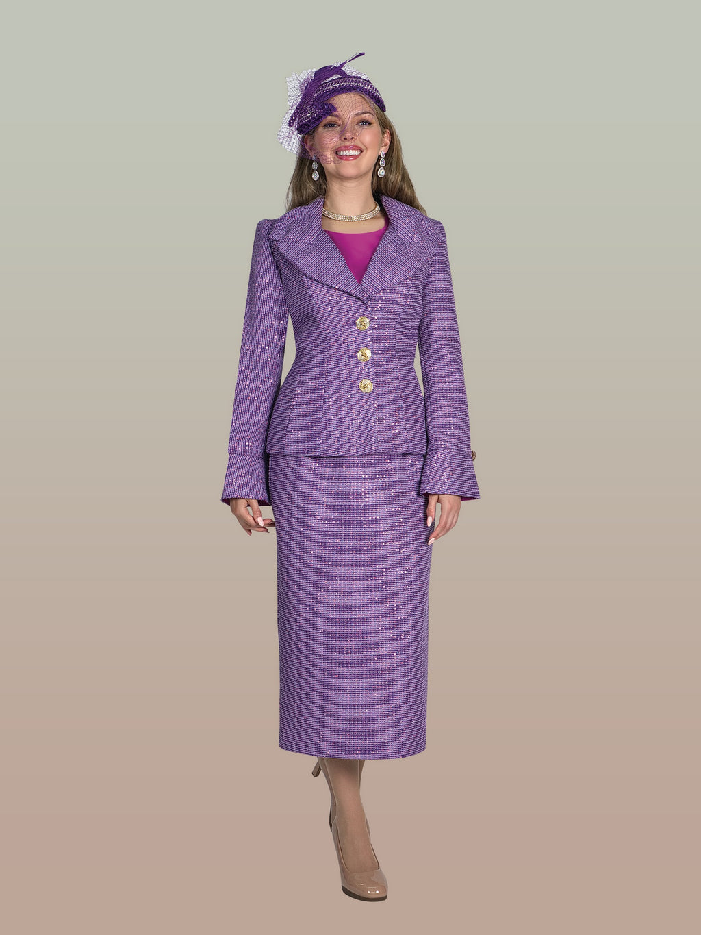 2-Piece Fine Light Shimmer Tweed Skirt Suit w/ Rhinestone Buttons