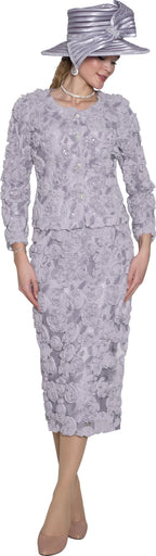 Lily & Taylor 3-Piece Mesh Lace Skirt Suit Adorn w/ Allover Rosettes w/ Rhinestones