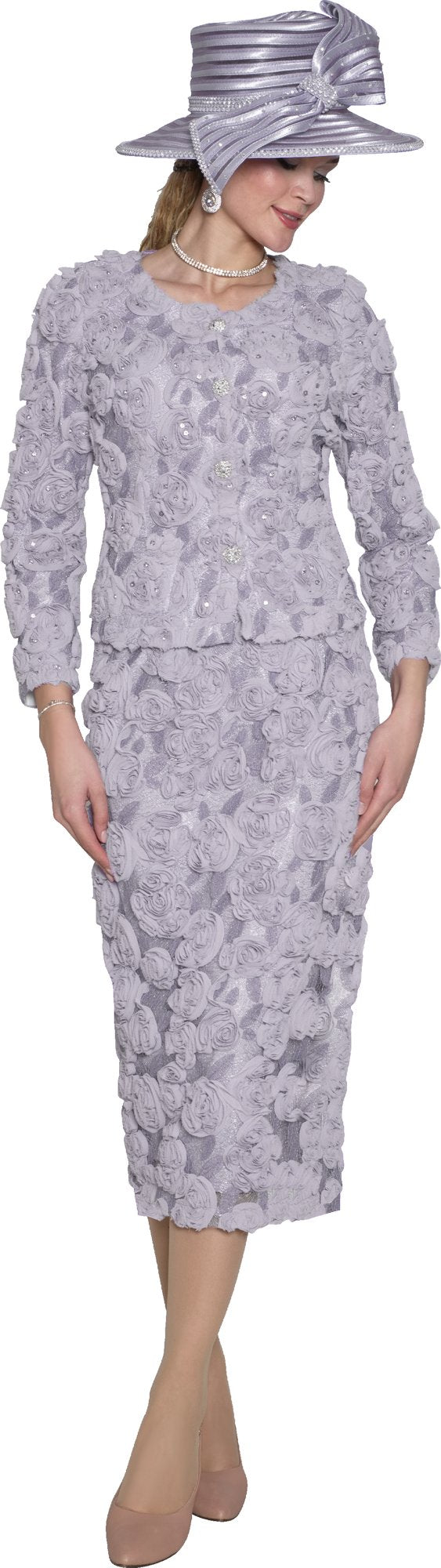 Lily & Taylor 5145 3-Piece Mesh Lace Skirt Suit Adorn w/ Allover Rosettes w/ Rhinestones
