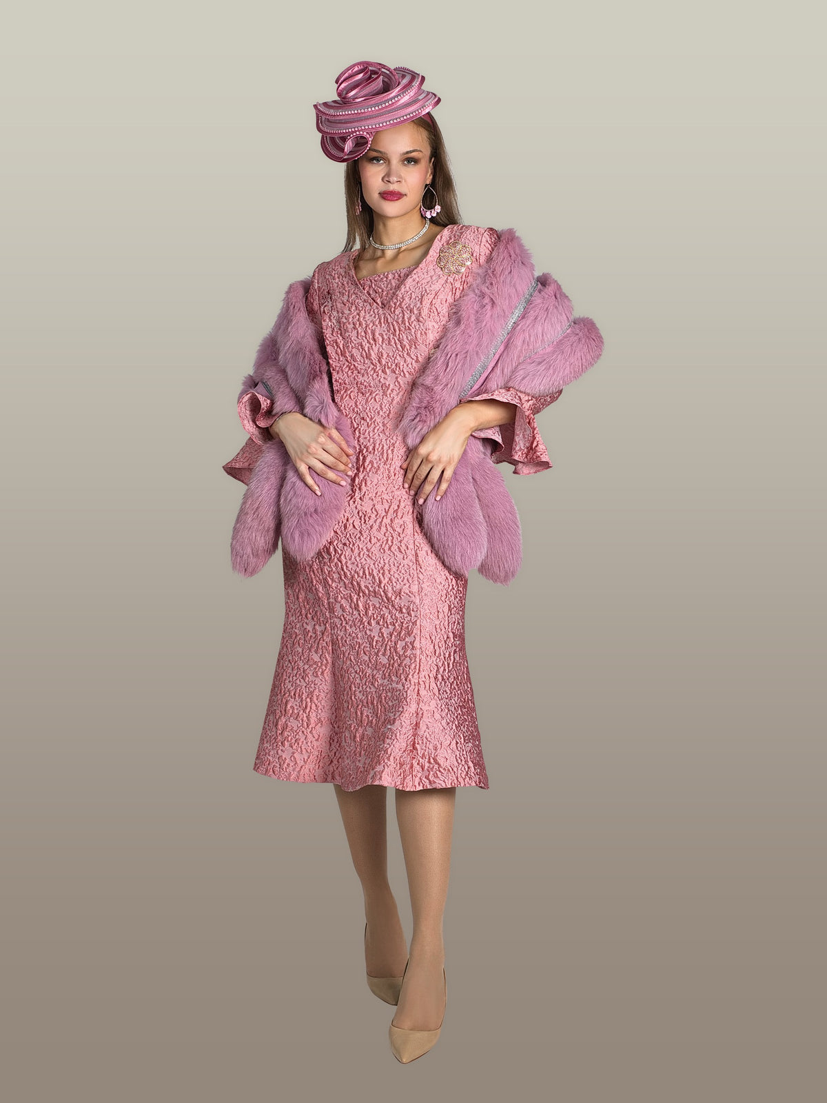 Light Jacquard Dress w/ Rhinestone Brooch
