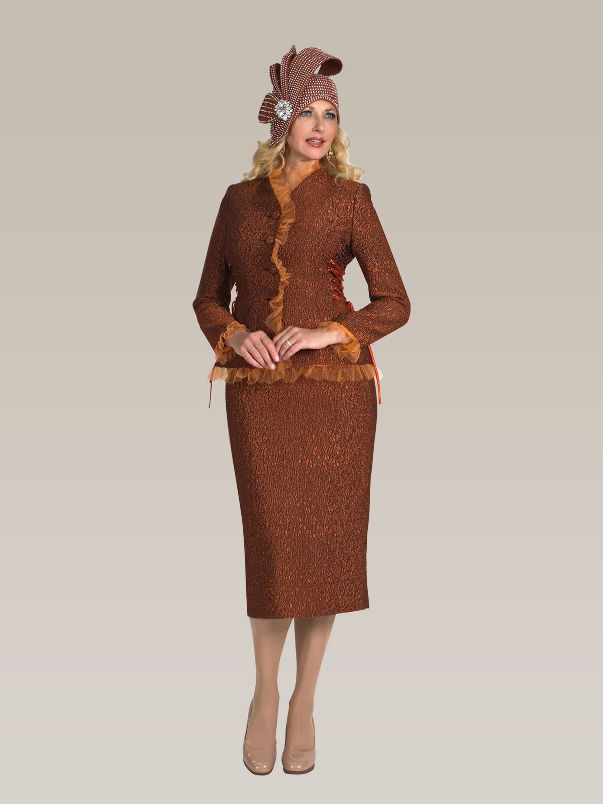 2-Piece Light Jacquard Skirt Suit w/ Chiffon Trimmed Jacket and Sleeves