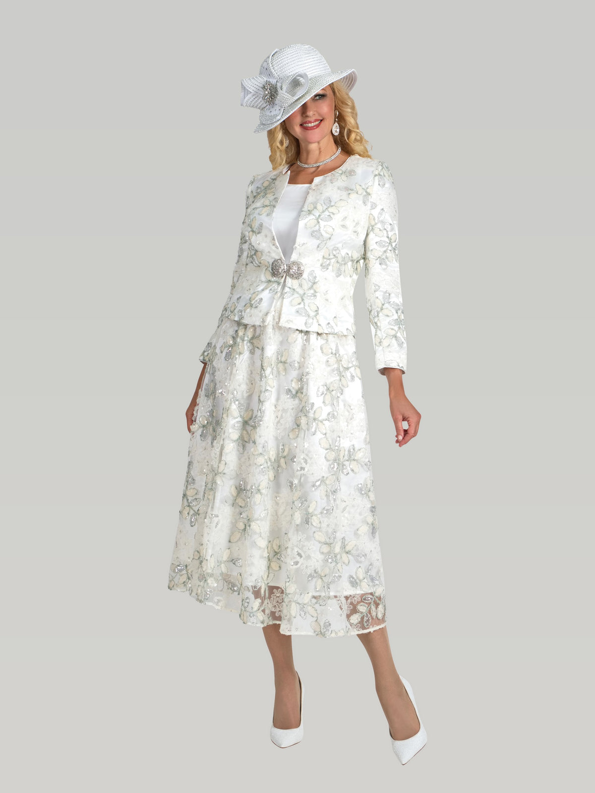 3-Piece Fine Beaded Skirt Suit w/ Rhinestone Closure