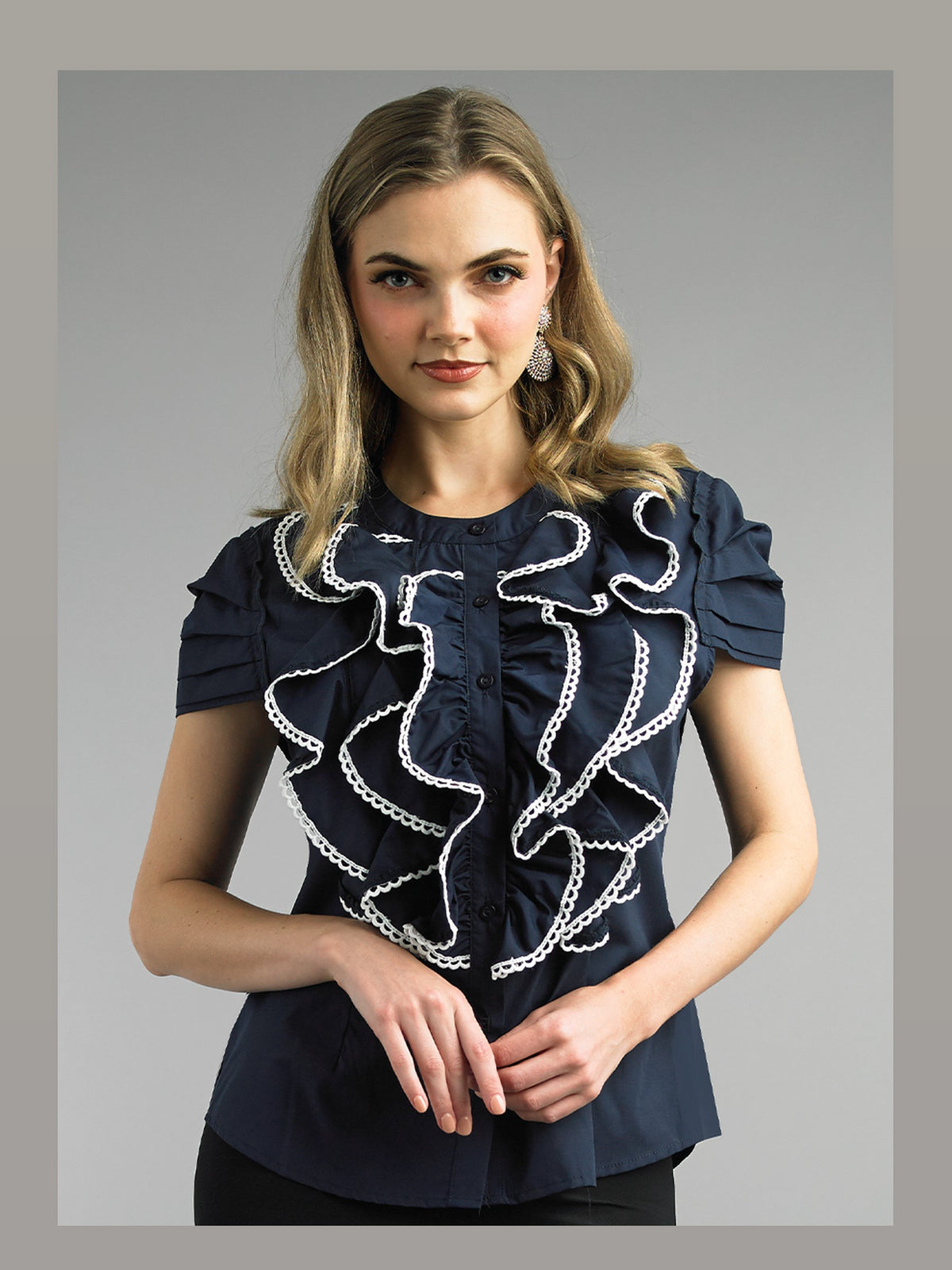 Cotton Blend Blouse Cap Sleeve w/ Contrast Lace Trimming