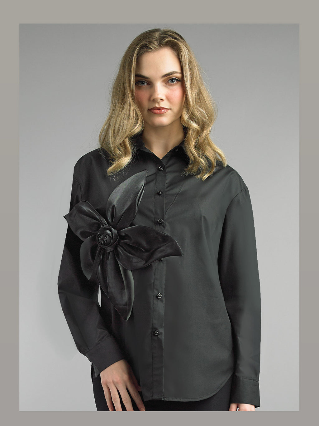 Cotton Blend Blouse w/ 3d Front Flower Design