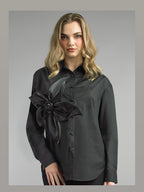 Cotton Blend Blouse w/ 3d Front Flower Design