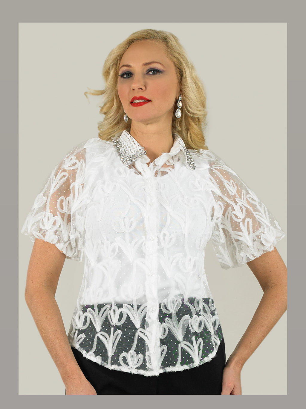 2-Piece Organza Embroidery Blouse w/ Lace Collar and Rhinestone Trimming