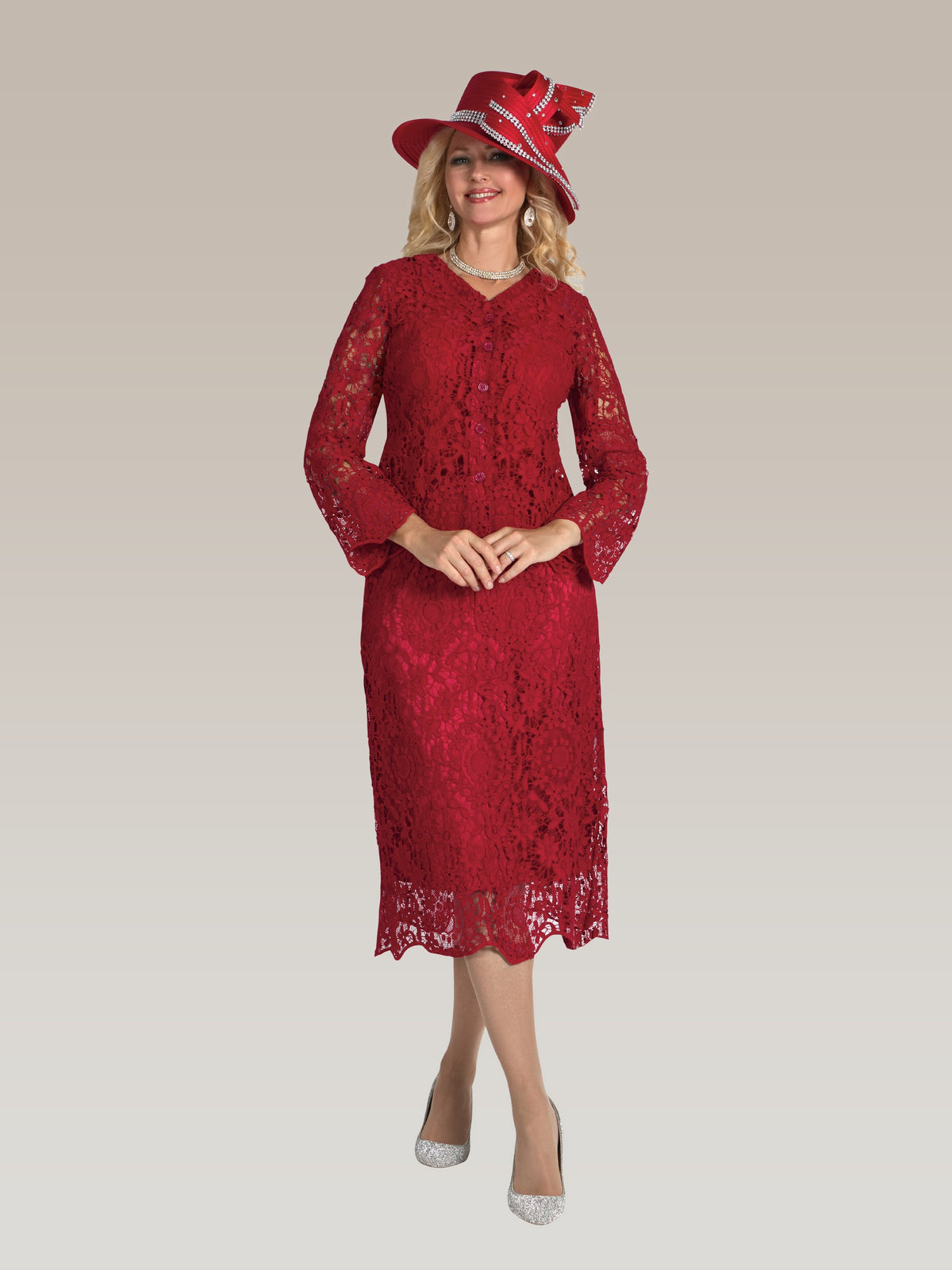 3-Piece Elegant Lace Skirt Suit W /rhinestone Buttons