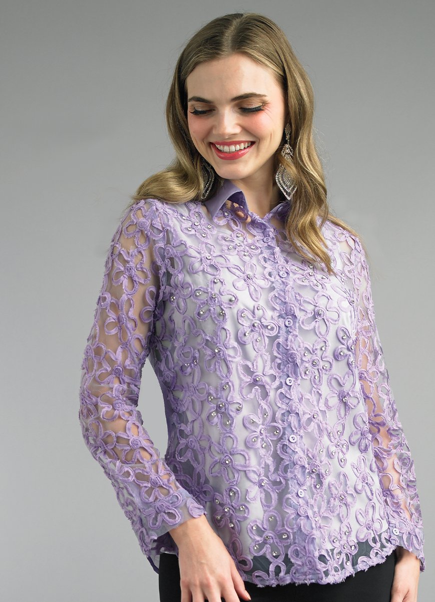 Lily & Taylor S102 2-Piece Organza Embroidery Blouse w/ Rhinestone Trimming