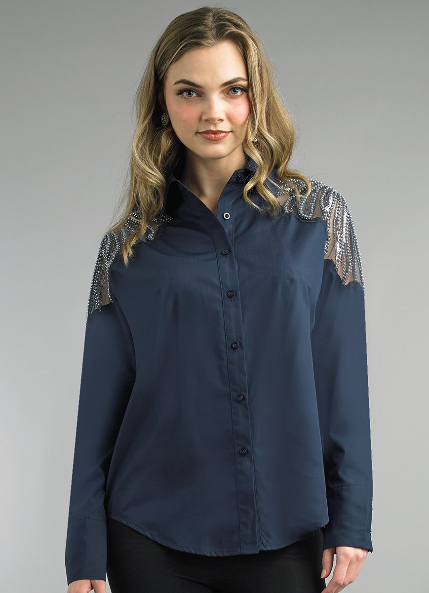 Lily & Taylor S106 2-Piece Cotton Blend Blouse w/ Shoulder Sequin Trimming
