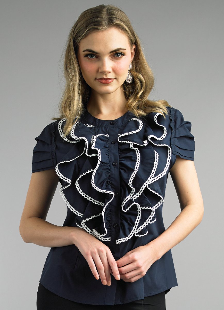 Lily & Taylor S107 Cotton Blend Blouse Cap Sleeve w/ Contrast Lace Trimming
