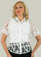 Lily & Taylor 2-Piece Organza Embroidery Blouse w/ Lace Collar and Rhinestone Trimming
