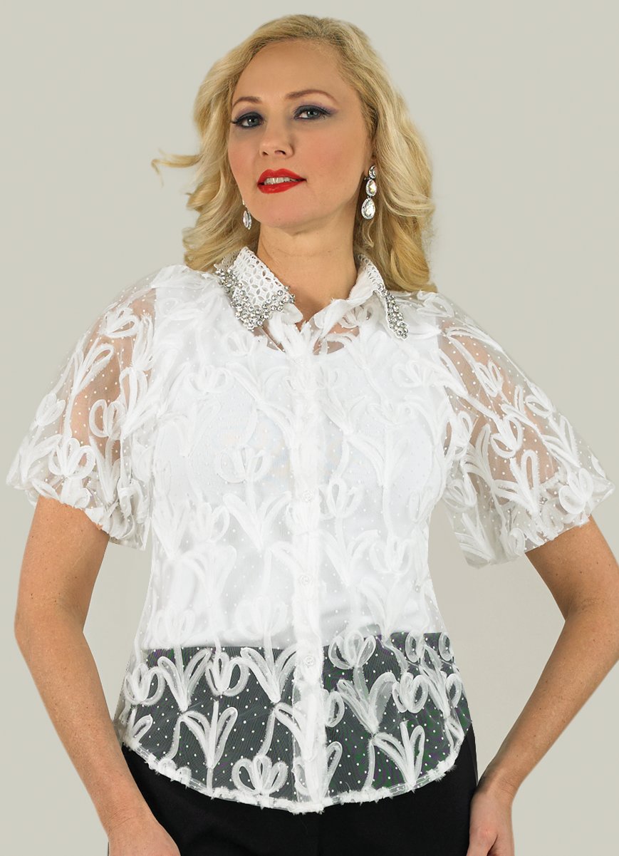 Lily & Taylor S109 2-Piece Organza Embroidery Blouse w/ Lace Collar and Rhinestone Trimming