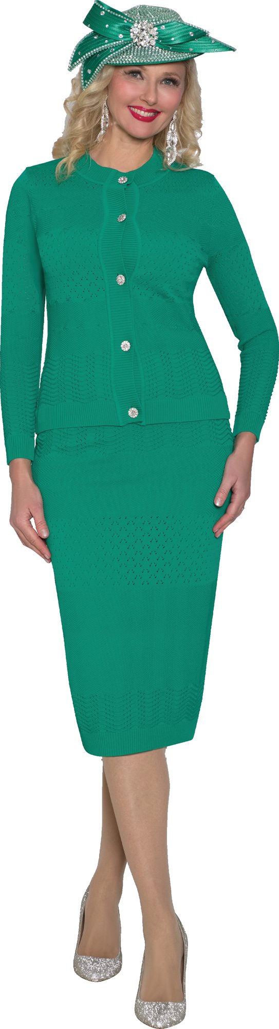 Lily & Taylor 899 3-Piece Fine Crochet Knit Skirt Suit w/ Rhinestone Buttons
