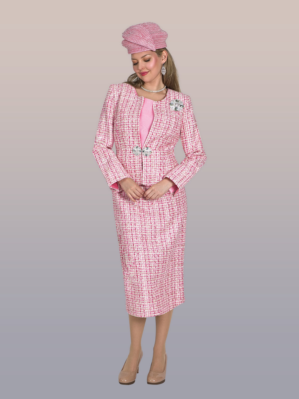 3-Piece Fine Tweed Skirt Suit w/ Rhinestone Closure & Brooch