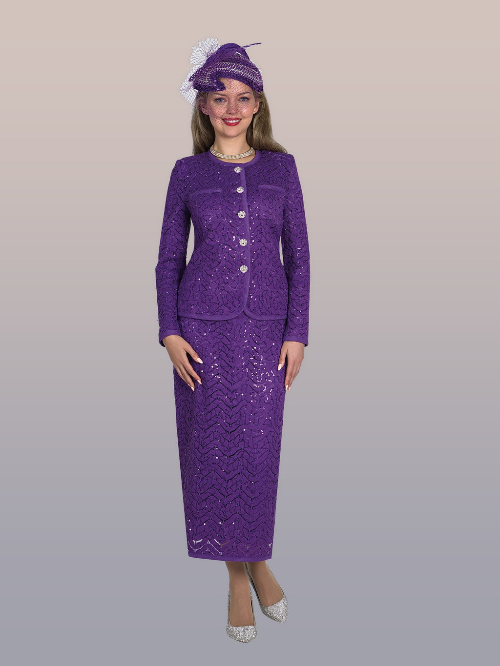 2-Piece Sequin Lace Skirt Suit w/ Rhinestone Buttons