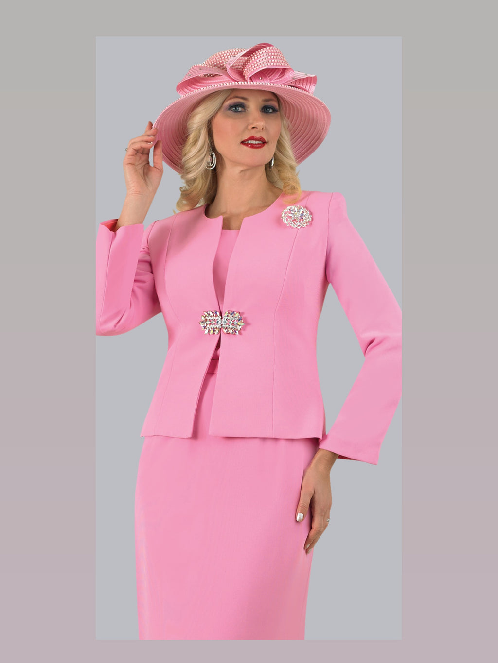 3-Piece French Crepe Skirt Suit w/ Rhinestone Closure & Brooch