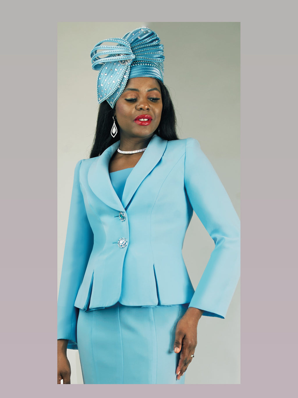 2-Piece French Crepe Flare Skirt Suit w/ Rhinestone Buttons