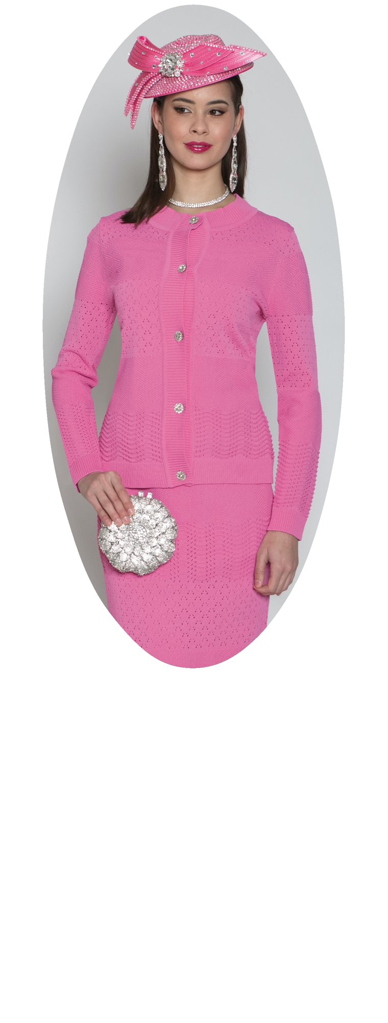 Lily & Taylor 899 3-Piece Fine Crochet Knit Skirt Suit w/ Rhinestone Buttons