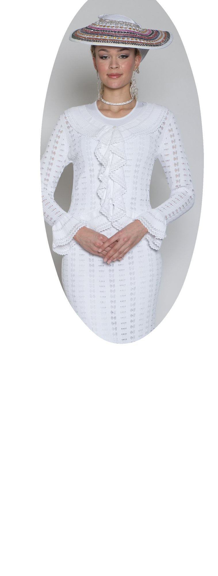 Lily & Taylor 824 3-Piece Fine Crochet Knit Skirt Suit w/ Ruffle Skirt and Cardigan