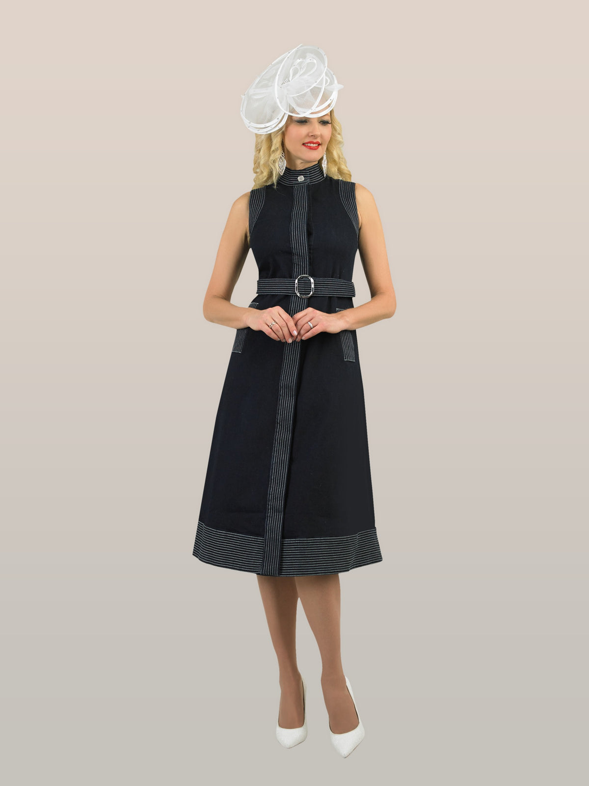 Stretch Denim Dress w/ Contrast Stitch Trim and Removeable Belt