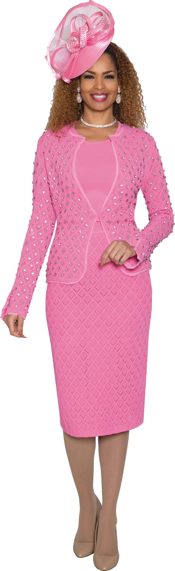 Lily & Taylor 838 3-Piece Fine Crochet Knit Skirt Suit w/ Rhinestone Jacket