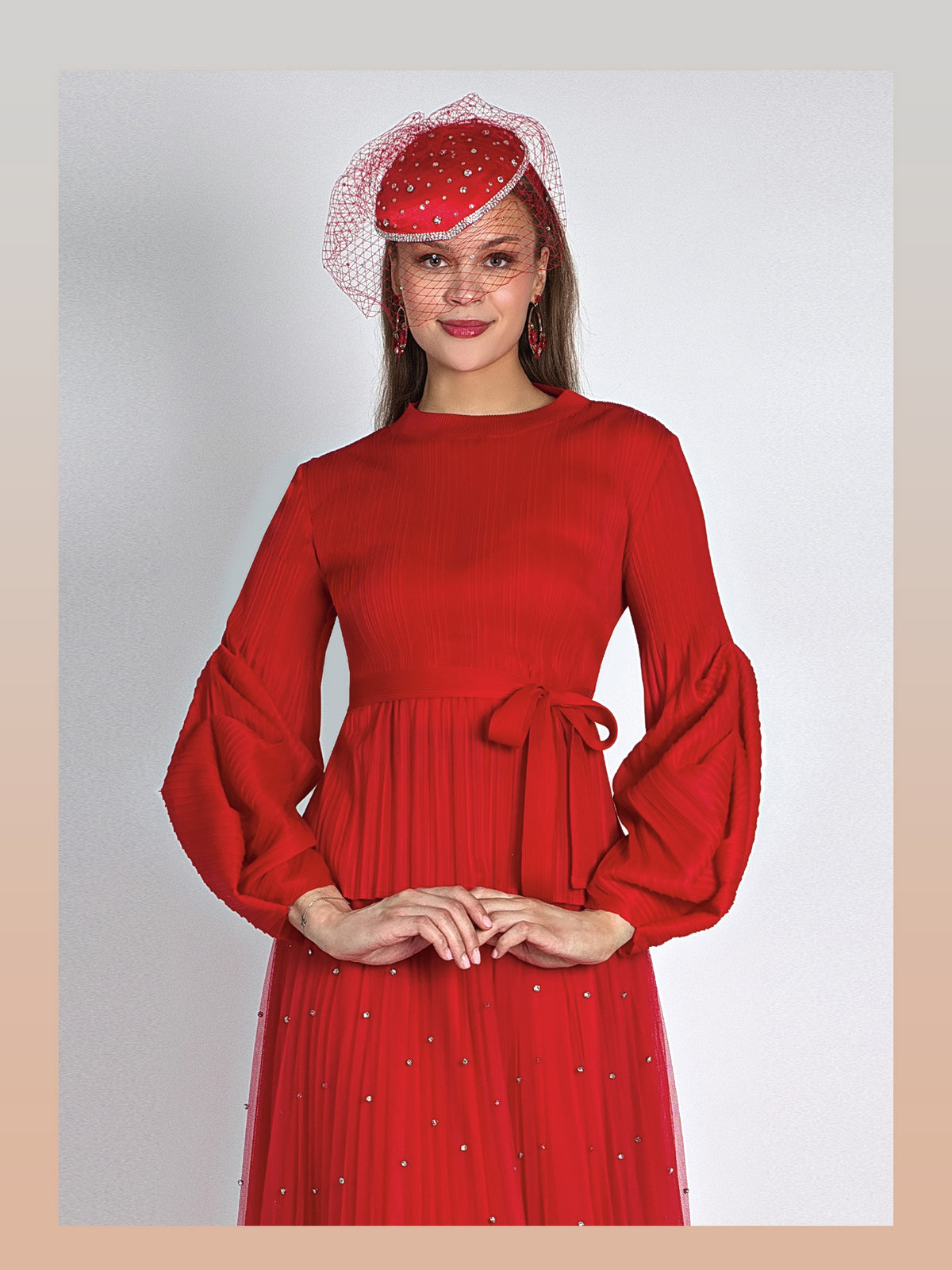 2-Piece Fine Pleated Blouse w/ Elegant Maxi Thulle Skirt w/ Rhinestone