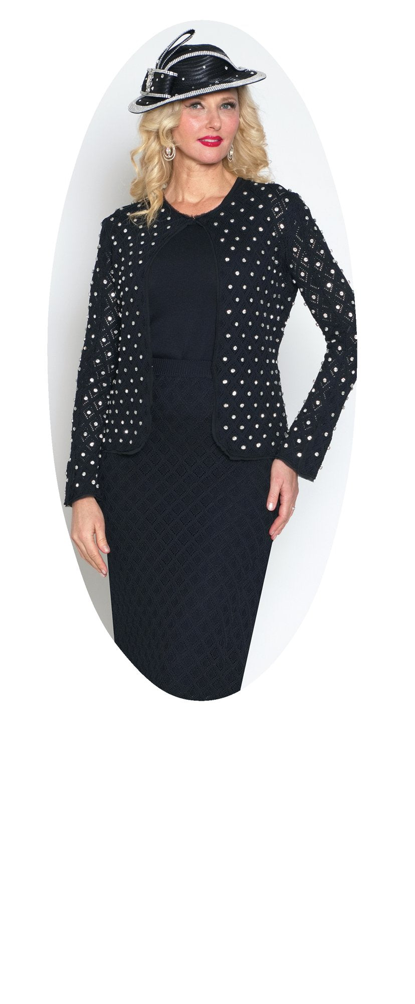 Lily & Taylor 838 3-Piece Fine Crochet Knit Skirt Suit w/ Rhinestone Jacket