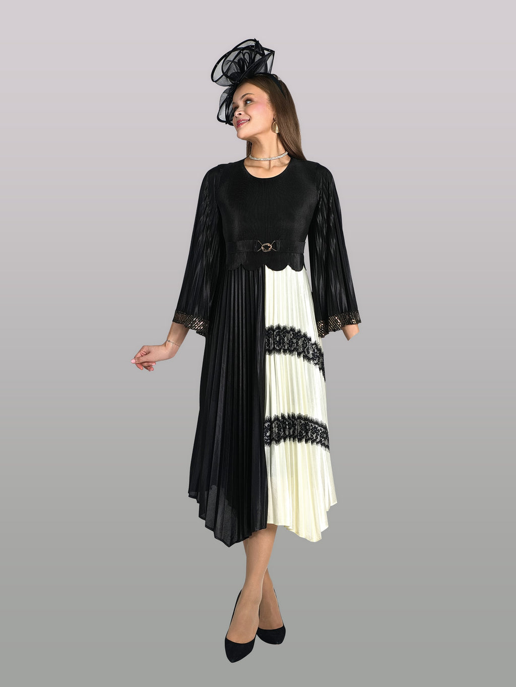 Fine Pleated Maxi Dress w/ Trimmed Lace