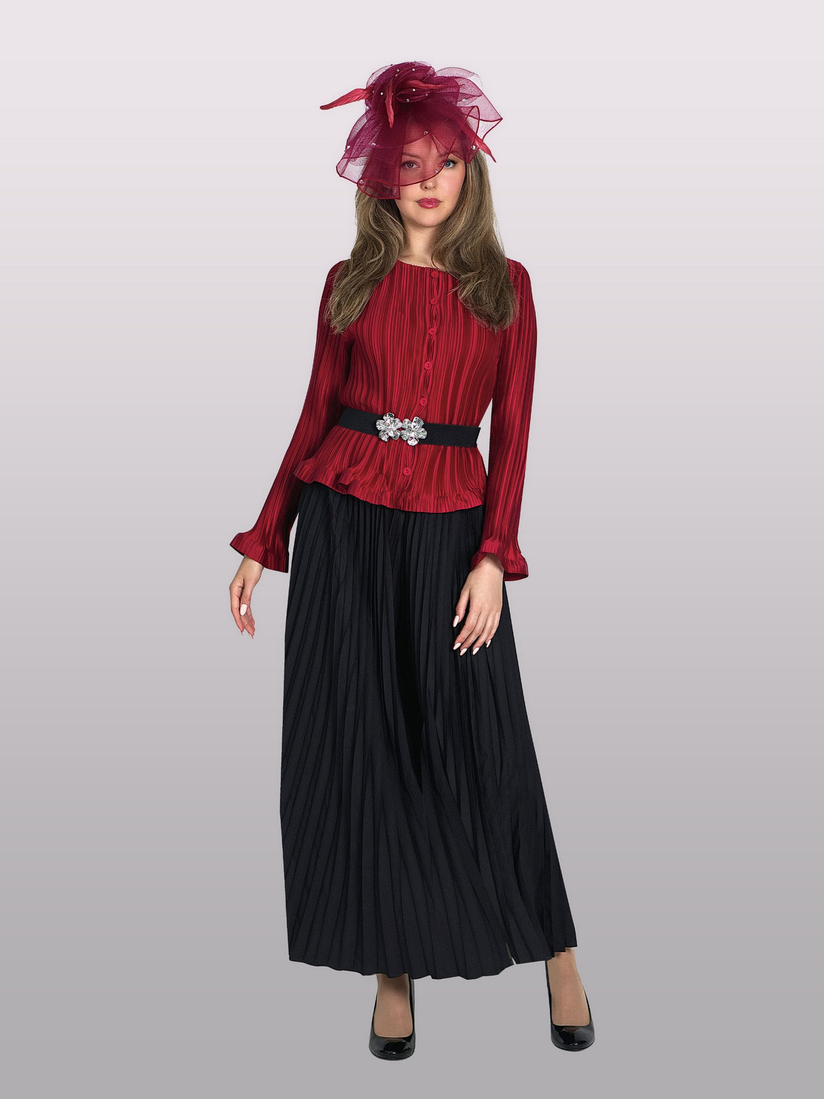 2-Piece Pleated Blouse/pant Suit w/ Removeable Belt