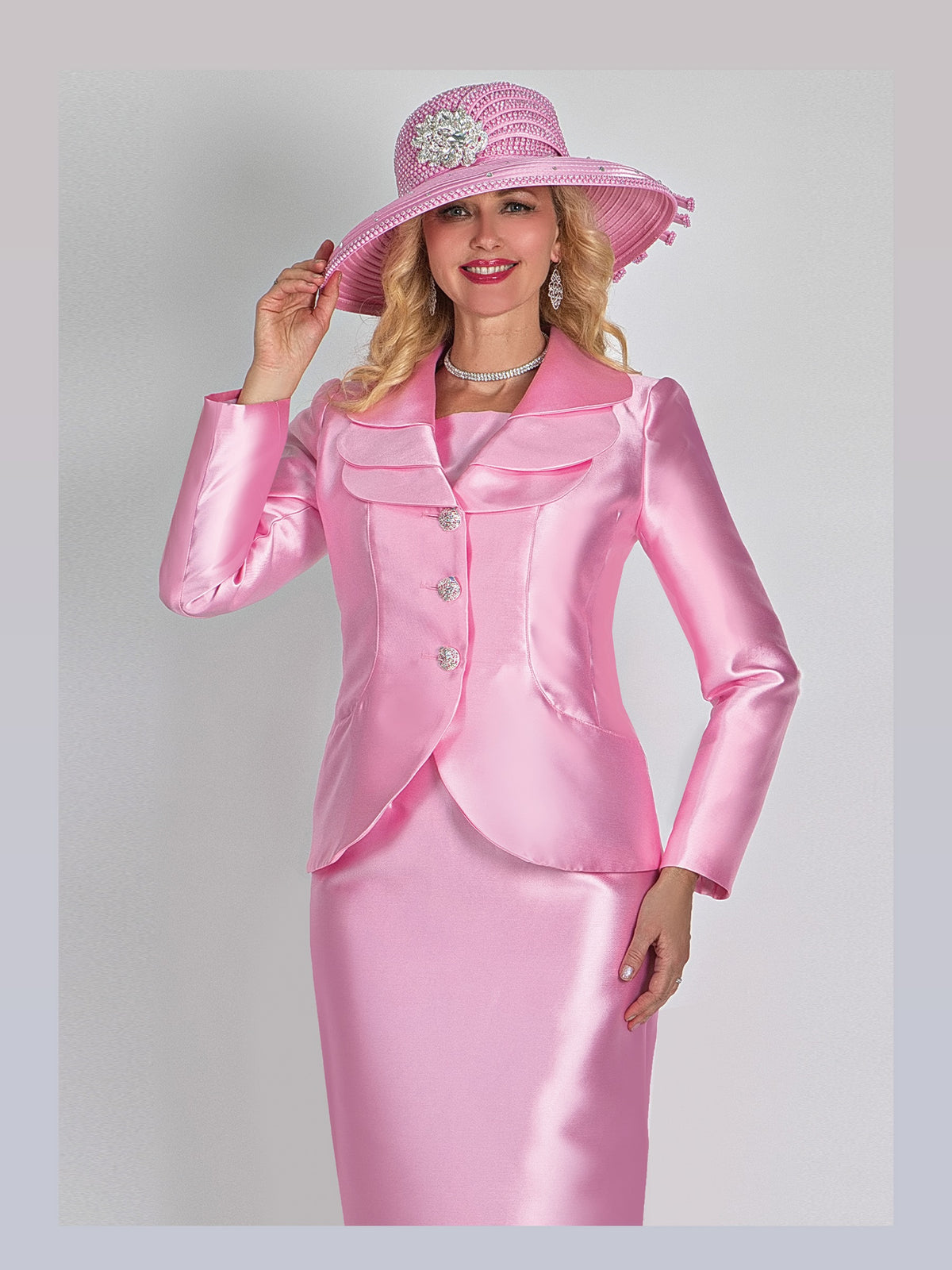 2-Piece Silky Twill Skirt Suit w/ Triple Collar & w/ Rhinestone Buttons