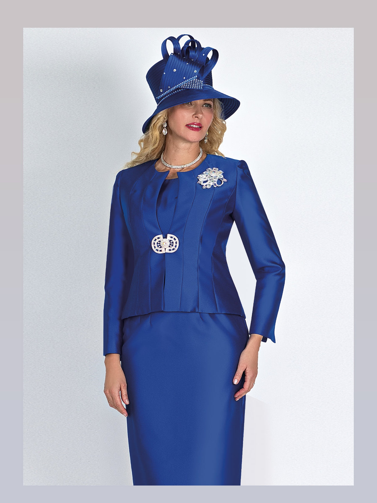 3-Piece Silky Twill Skirt Suit w/ Rhinestone Closure and Brooch