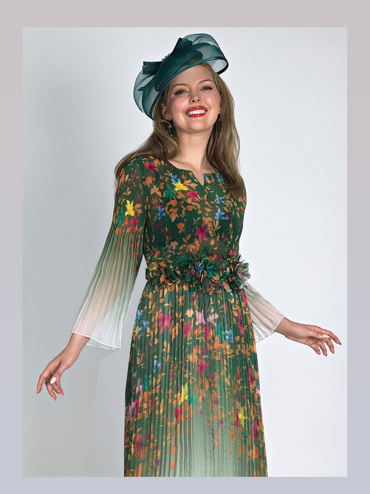 3-Piece Silky Twill Skirt Suit w/ Flare Sleeves & w/ Rhinestone Button & Brooch
