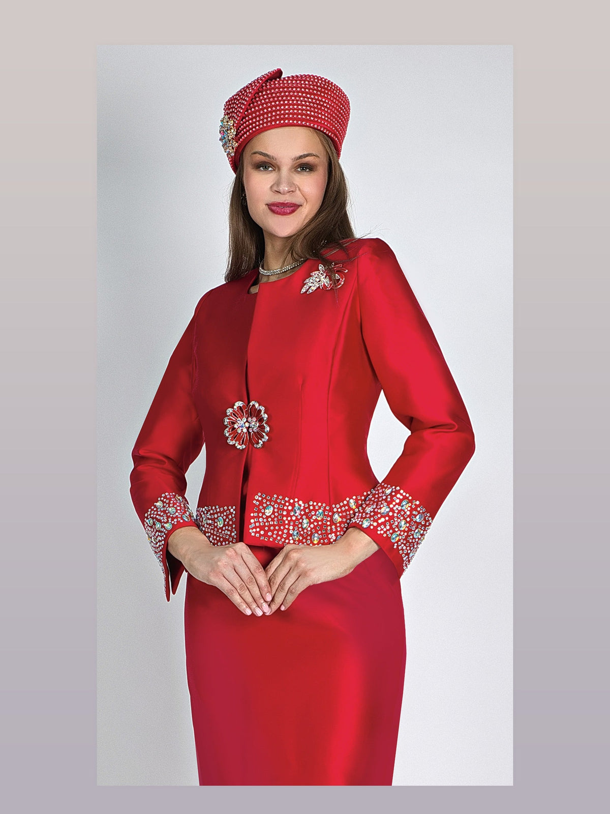3-Piece Silky Twill Skirt Suit w/ Rhinestone Trimmed Jacket w/ Closure & Brooch in red