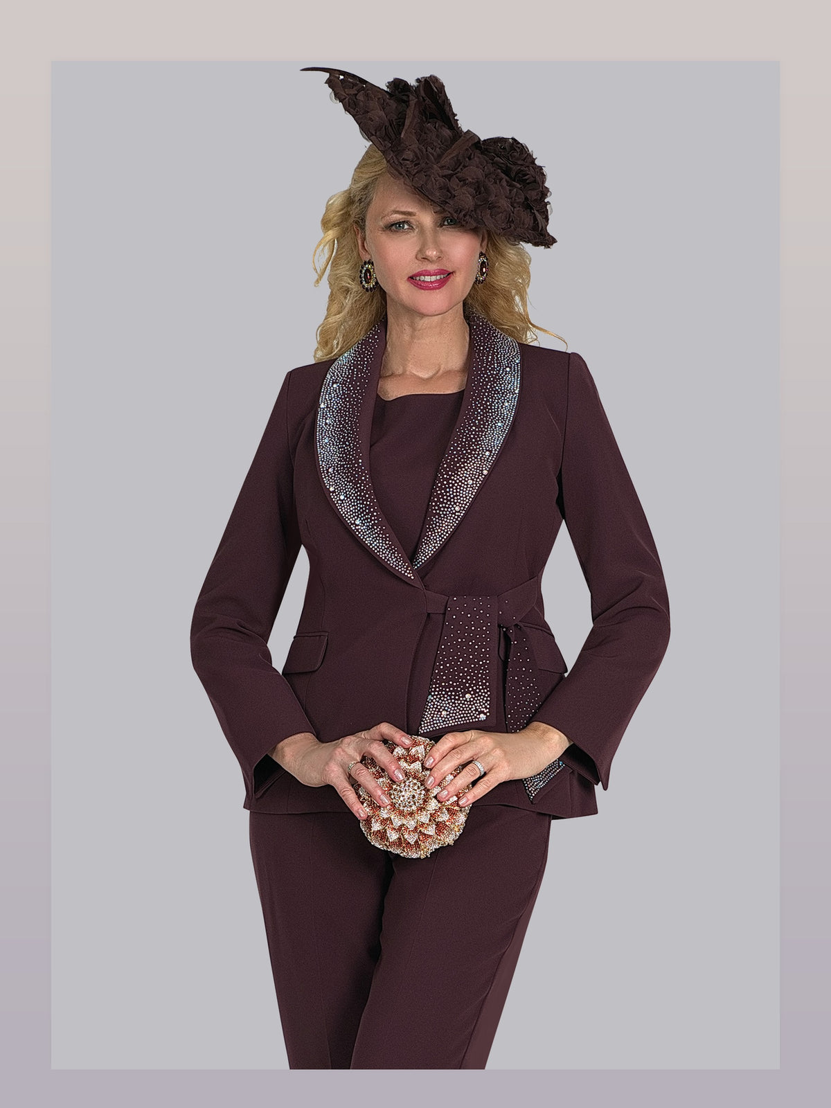 3-Piece French Crepe Pant Suit w/ Rhinestone Collar & Tie Waist Jacket