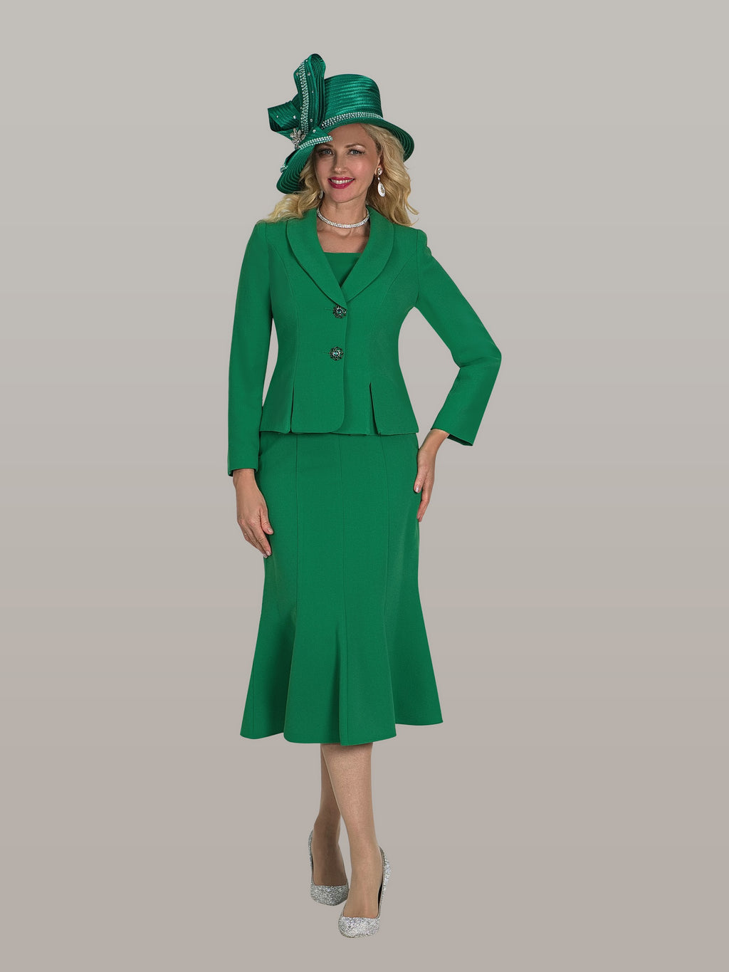 2-Piece French Crepe Flare Skirt Suit w/ Rhinestone Buttons
