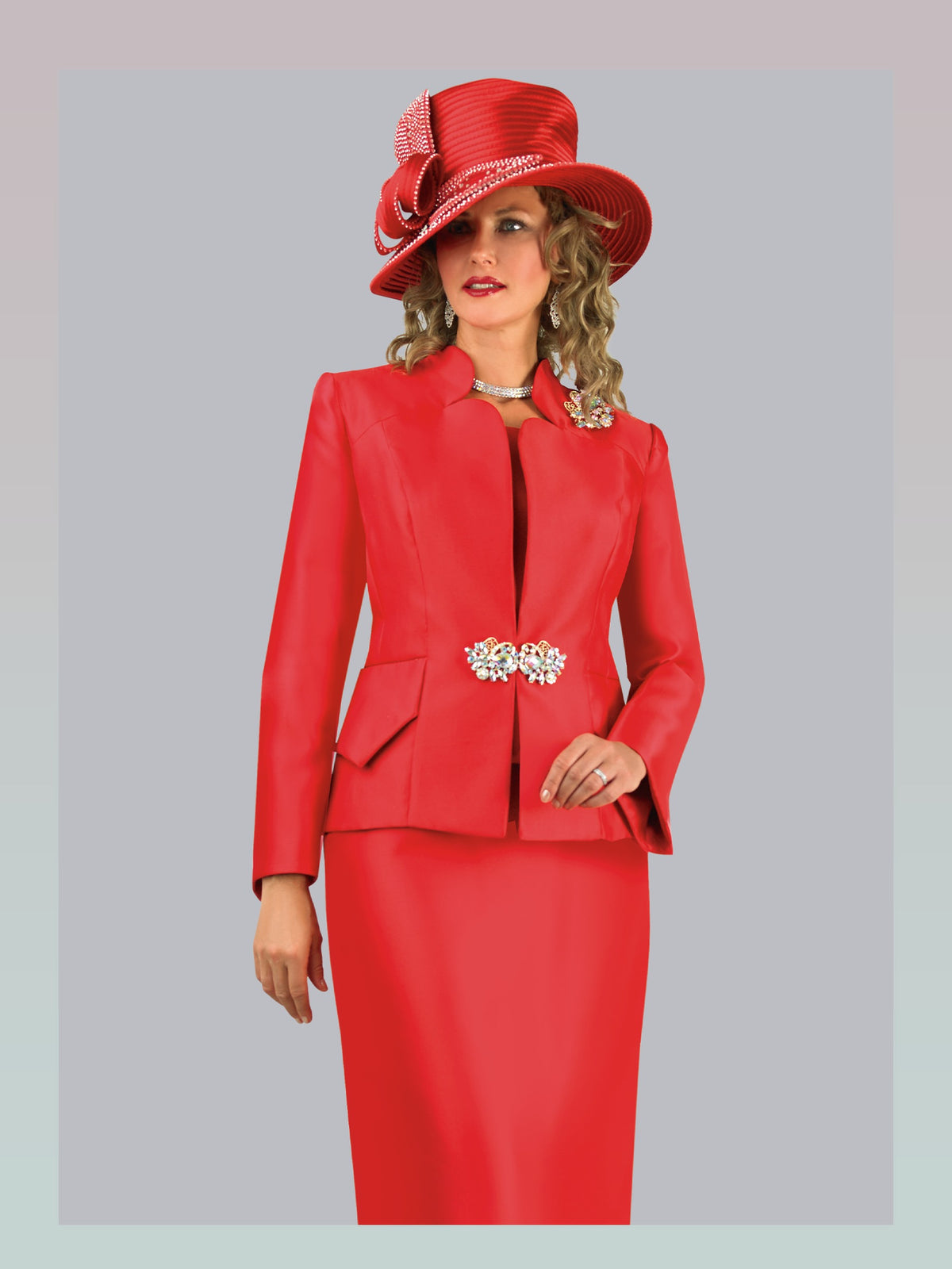 3-Piece Silky Twill Skirt Suit w/ Rhinestone Closure & Brooch