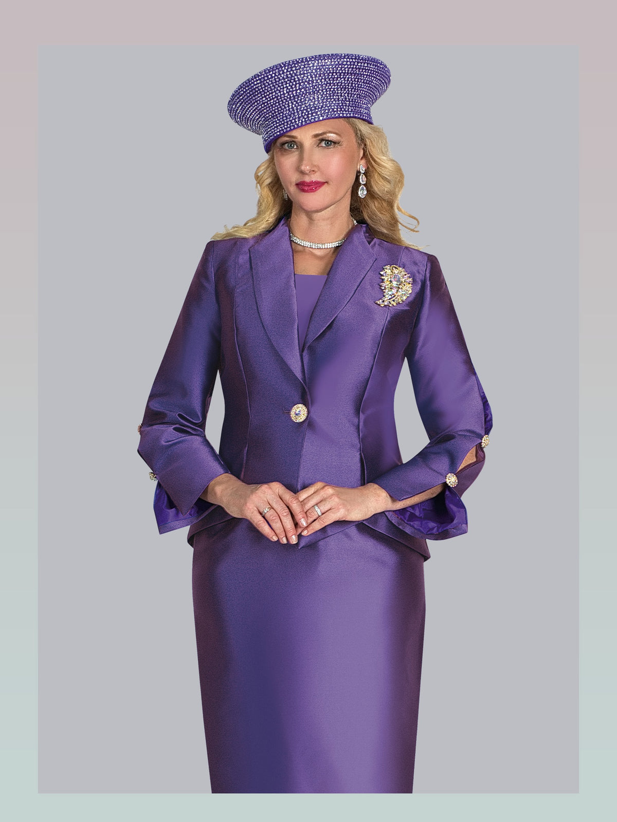 3-Piece Silky Twill Skirt Suit w/ Rhinestone Button Sleeves & Brooch