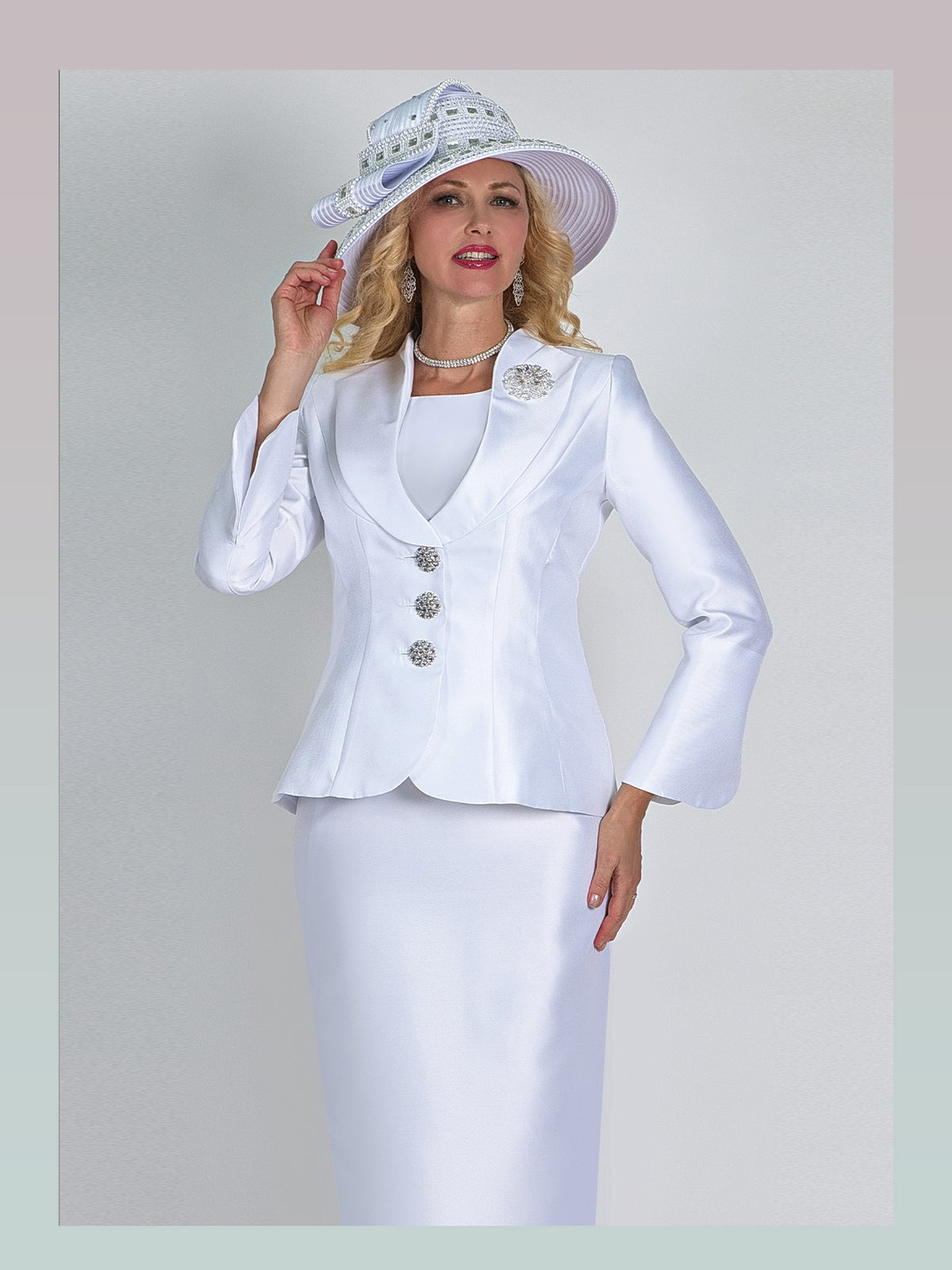 3-Piece Silky Twill Skirt Suit w/ Rhinestone Closure & Brooch