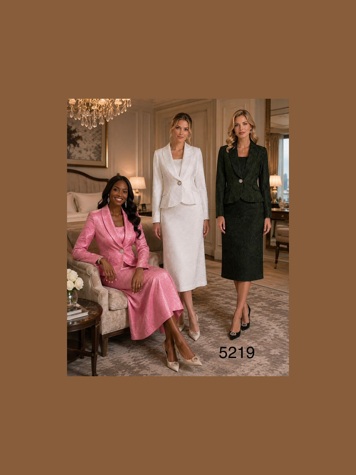 Lifestyle photograph of Lily and Taylor 3-Piece Fine Light Jacquard Skirt Suit w/ Rhinestone Button.