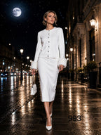 Lifestyle photograph of Lily and Taylor 3-Piece Fine Knit Skirt Suit w/ Faux Fur Cuffs w/ Rhinestone.