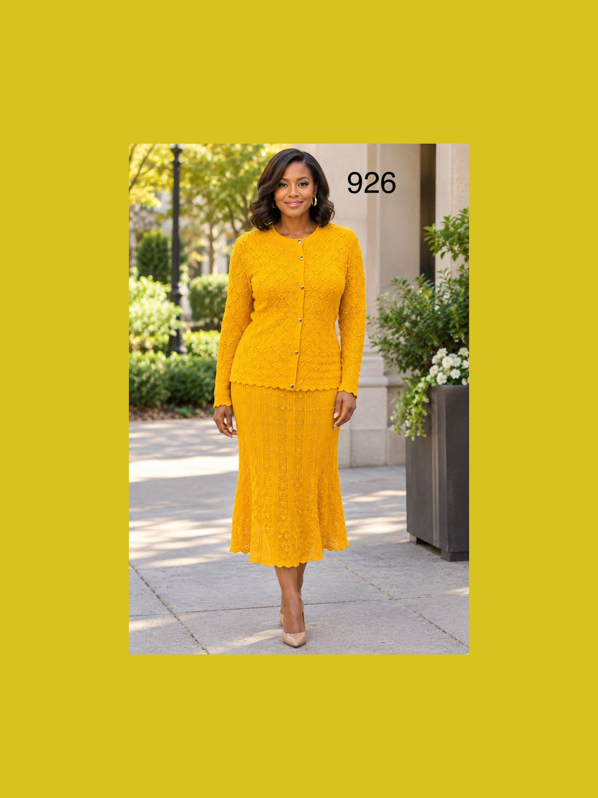 Lifestyle photograph of Lily and Taylor 3-Piece Fine Knit Skirt Suit w/ Rhinestone Buttons.