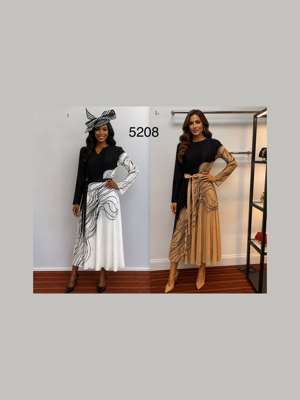 Lifestyle photograph of Lily and Taylor Fine Pleated Maxi Dress w/ Removable Belt.